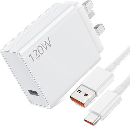 120W Fast Charger and Cable for Xiaomi, ACAGET 10A/1M 120W HyperCharge Cable, UK Wall Charger With USB C Cable